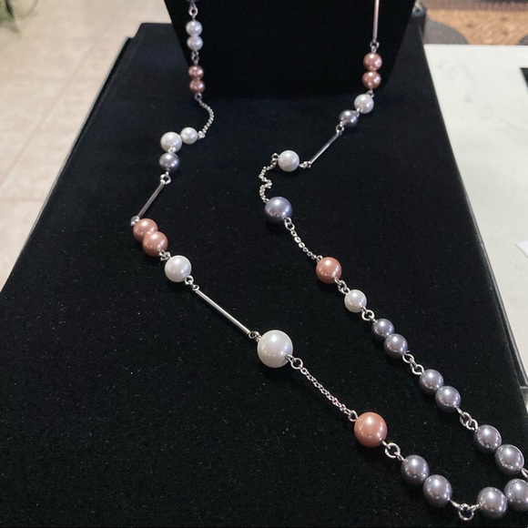 TOCARA. HILARY. Glass Pearls & Stainless Steel Necklace. 47” - Picture 1 of 3